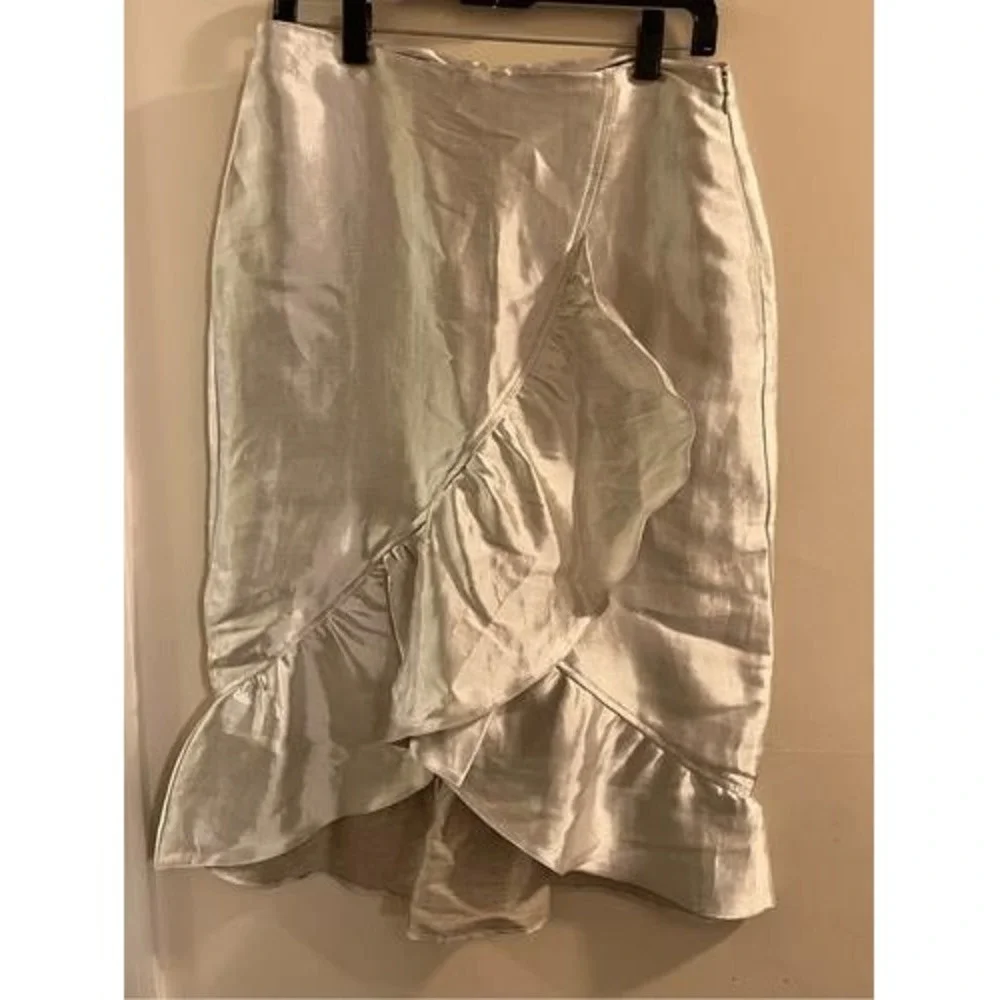 Topshop Womens Silver Metallic Ruffle Wrap Midi Skirt High Waist‎ Size 12
